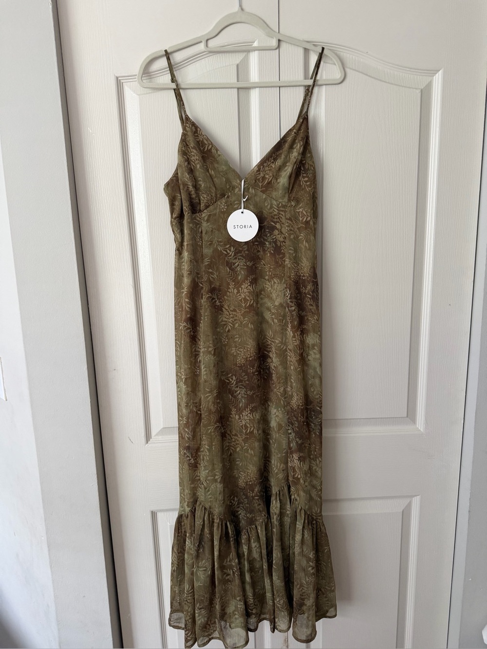 STORIA Olive Floral Ruffle-Hem Maxi Slip Dress